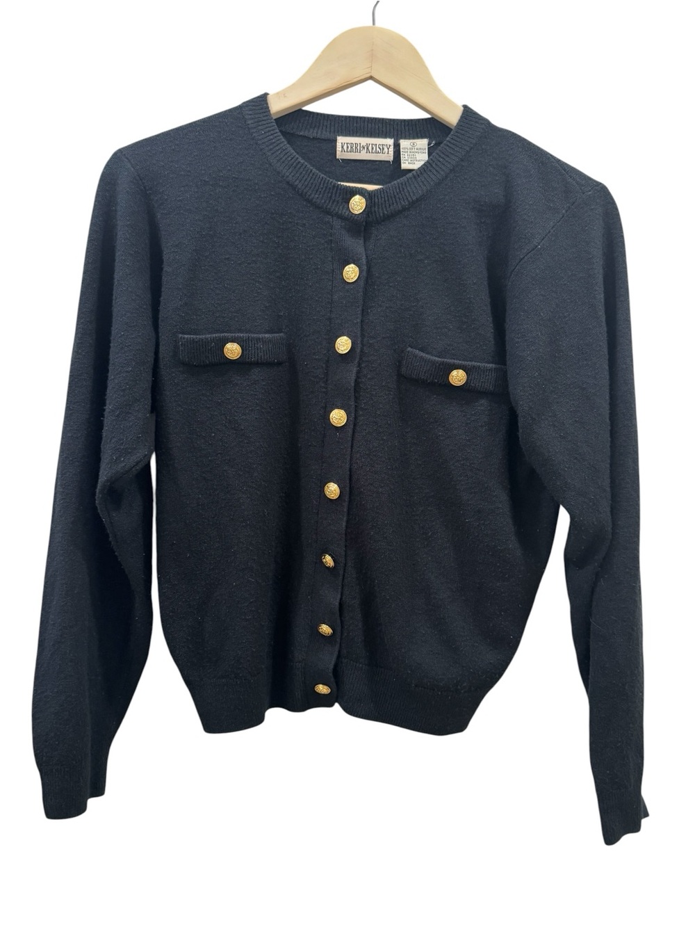 Vintage Kerri N Kelsey Black Crewneck Cardigan with Gold Buttons